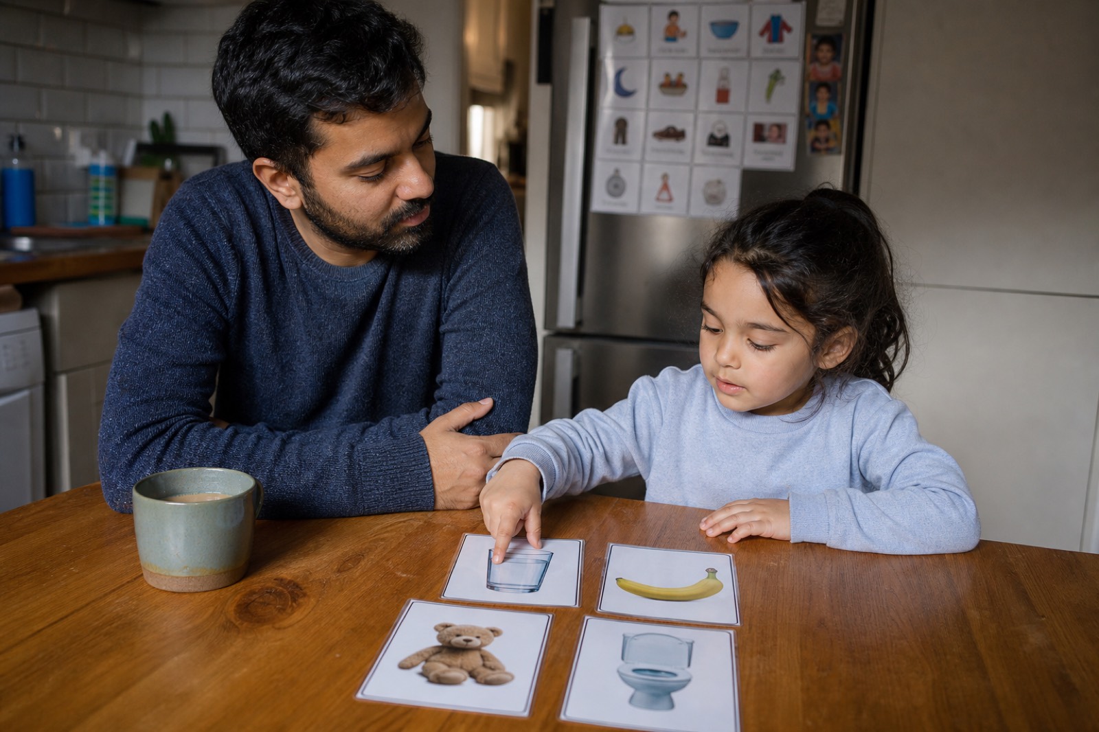 A parent and child sitting at a kitchen table using homemade laminated picture communication cards.